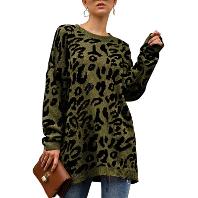 

Women Winter Leopard Printed Round Collar Loose Concise Casual Long Sleeve Sweater