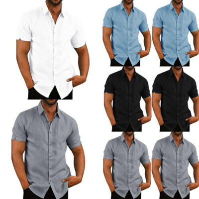 

Men Linen Cotton Shirt Short Sleeve Casual Fishing T-Shirt Top Summer Blouse Top