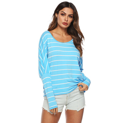 

Nomeni Women Casual Long Sleeve Striped Batwing Sleeve O Neck T Shirt Top Blouse