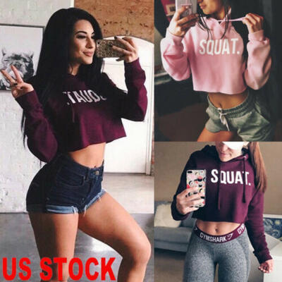 

US Womens Hoodie Sweatshirt Jumper Crop Top Coat Sports Pullover Short Tops