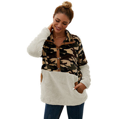 

Women Plush Sweater Zipper Camouflage Stitching Long Sleeve Casual Warm Winter Autumn Loose Tops