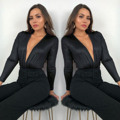 

Fashion Womens Ladies V Neck Bodysuit Long Sleeve Leotard Plain Stretch Basic Top