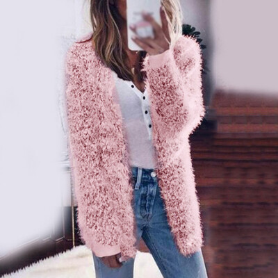 

Women Fluffy Coat Autumn Winter Loose Long Sleeve Solid Thick Warm Cardigan Tops