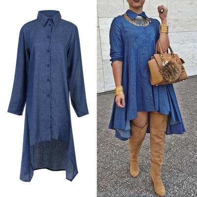 

Women Retro Blue Jean Soft Denim Long Sleeve Casual Loose irregular Dress
