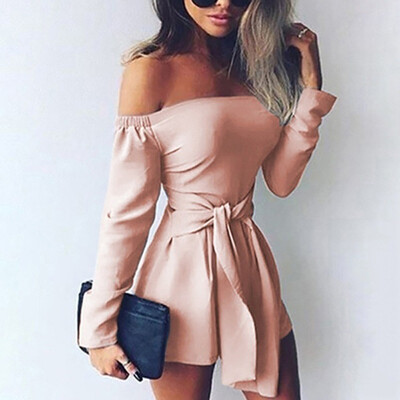 

Starmoon Fashion Sexy Women Solid Bandage Off Shoulder Long Sleeve Easy Short Jumpsuit
