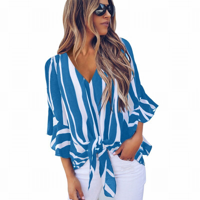 

Contrast vertical striped shirt Womens V-neck long-sleeved knotted top