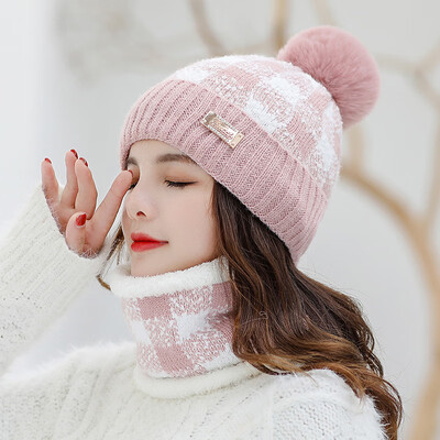 

Hat Female Winter Wool Cap&Fleece Knitted Cap Warm Ear&Neck Sheath Two Suits of Wool Ball Cap Lovely Headgear