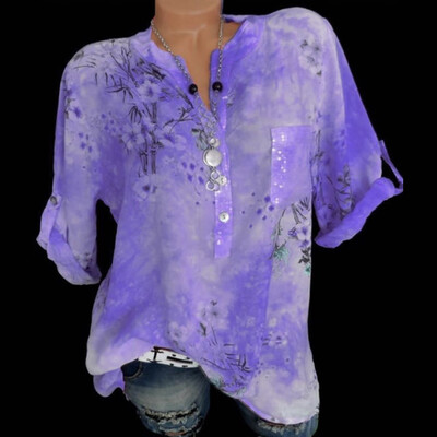 

Roseonmyhand Women Fashion Summer Casual Loose New Long Sleeve Printed Button Shirt