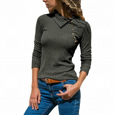 

Lapel ribbed knit top long sleeves slim bottoming T-shirt