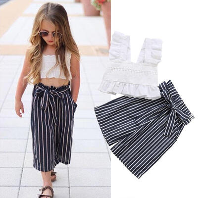 

2Pcs Toddler Kids Baby Girl Lace Striped Crop Tops T-shirt Pants Outfits Clothes