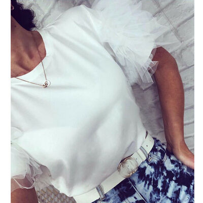 

Women Summer Mesh Tulle Ruffle Short Sleeve T Shirt Ladies Loose Casual Blouse Top