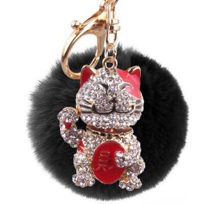 

New lucky cat hair ball key chain inlaid color diamond three-dimensional bag pendant car decoration