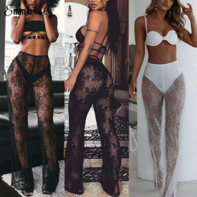 

UK STOCK Womens Pants High Waist Leg Mesh Lace See Through Casual Long Trousers