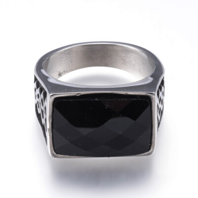 

316 Stainless Steel Wide Band Rings with Natural Black Agate Rectangle Antique Silver Size 13 23mm