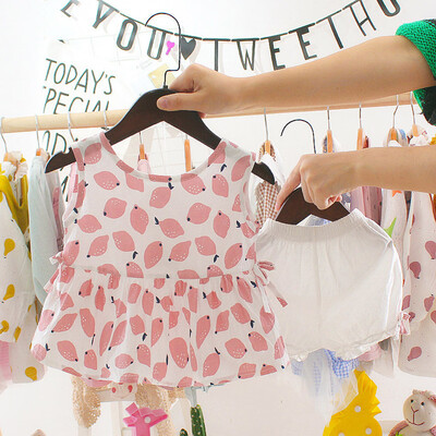 

Infant Baby Girls Sleeveless Fruits Lemon Print Bow TopsSolid Shorts Outfits