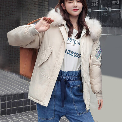 

Roseonmyhand Women Outerwear Long Sleeve Hooded Pockets Cotton-padded Letter LIFE STYLE Coat