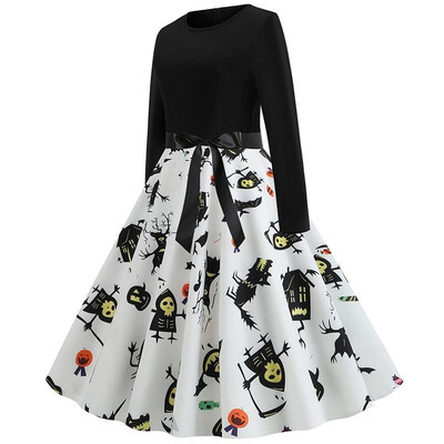 

Ebay AliExpress new Halloween print stitching long sleeve large swing dress to send ribbon Color 2XL