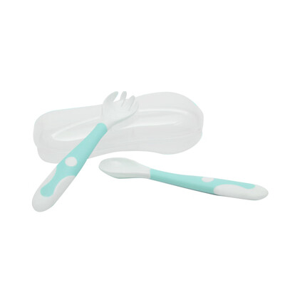 

Baby Fork & Spoon Set Curved Utensil Training Self-feeding Easy Grip Bendable Handle With Travel Case Kids Tableware Flatware Gree