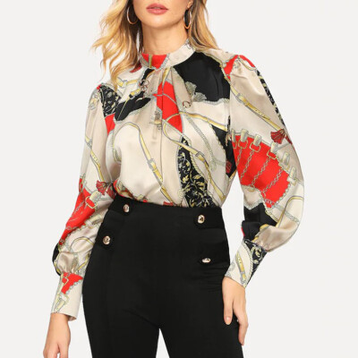 

Tailored Womens Fall Chain Print Tie Neck Long Sleeve Pullover Blouse Tops Shirt