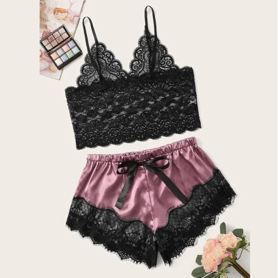 

Gobestart New Women Lace Satin Wireless Bra Camisole Pajamas Sleepwear Bowknot Shorts Set