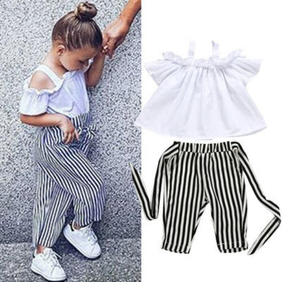 

Toddler Kids Baby Girls Off Shoulder Tops T-Shirt Stripe Pants Outfits Sunsuit