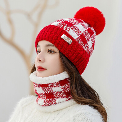 

Hat womens winter wool hat plus velvet knitted hat warm ear guard neck set two-piece set of wool ball hat cute hat