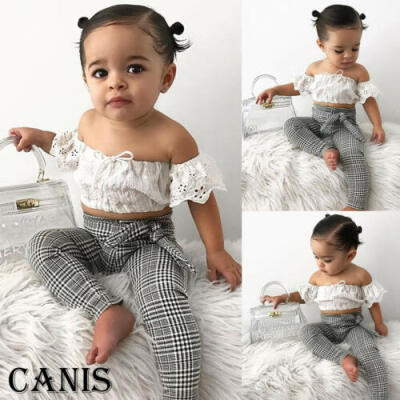 

Kid Baby Girl Lace Off Shoulder Tops Crop Plaid Long Pants Outfit Sunsuit Summer