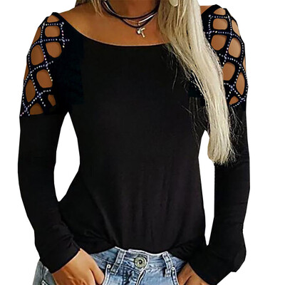 

2019 Women Crew Neck Hollow-Out Studded Long Sleeve T Shirts Casual Tops