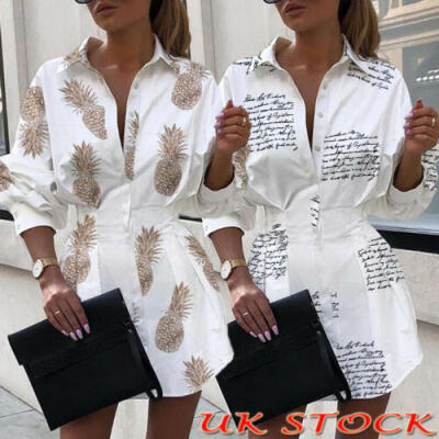 

Womens Long Sleeve Mini Shirt Dress Ladies Button V Neck Summer Long Top