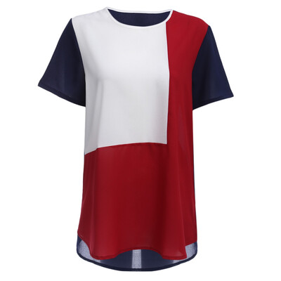 

Fashion Round Collar Color Block Spliced Women Chiffon T-shirt