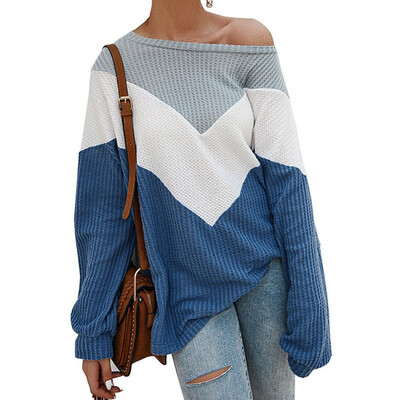 

2019 Autumn Winter Women Fashion knitting O-neck Long sleeve Splice Loose Sweater