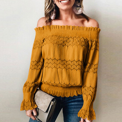 

Tailored Autumn And Winter Womens Solid Color Lace One Shoulder Long Sleeve Blouse