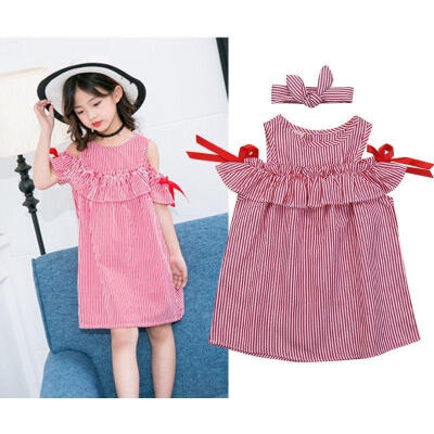 

2PCS Infant Toddler Kids Baby Girls Child Princess Stripe Off Shoulder Dress Casual Clothes Summer Dress 1-6Y