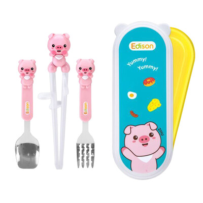 

Korea Edison childrens cutlery set childrens chopsticks baby training chopsticks stainless steel portable fork spoon four-piece pink pig series