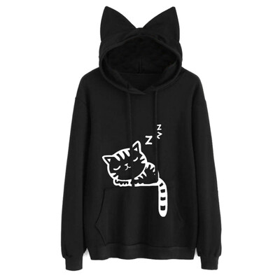 

New Winter Fashion Women Cat Ear Hooded Sleep Cat Printed Long Sleeve Pullovers Female Fashion Sweatershirt Women