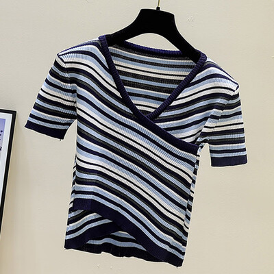 

Women V Neck Striped Slim Knitted T-Shirt Pullover Shirt Casual Short Sleeve T Shirt