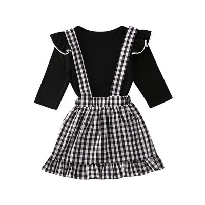 

Infant Baby Girl Kid Fly-Sleeve Romper Plaid Strap Dress Outfit Clothes Set