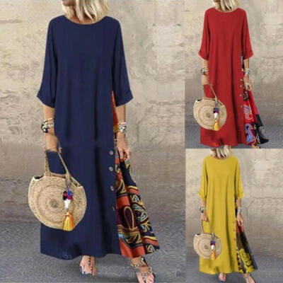 

Women´s Boho Floral Long Sleeve Retro Baggy Casual Cotton Linen Long Maxi Dress Stitching Kaftan Sundress Loose Plus Size