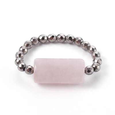 

Natural Rose Quartz Stretch Rings with Electroplate Non-magnetic Synthetic Hematite Beads Column 23mm