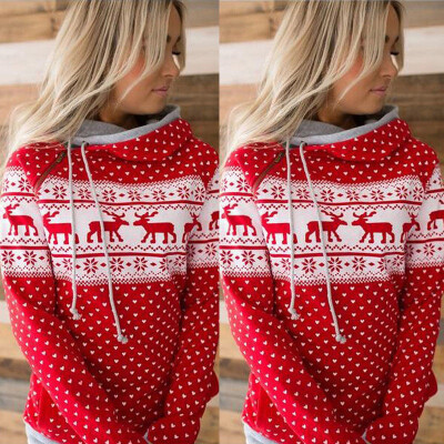 

Fashion Christmas Women Ladies Long Sleeve Hooded Snowflake Deer Print Sweatshirt Jumper Pullover Xmas Winter Clothing