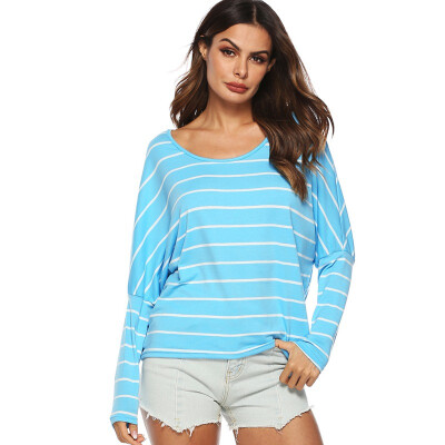 

Batwing Sleeve Polyester Simple T-Shirt Striped Print Long Loose Women Casual O Neck T Shirt Femme Top