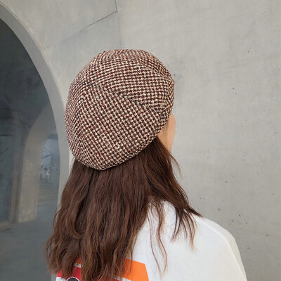 

Beret womens autumn&winter Japanese thin retro houndstooth painter hat Joker temperament checkered England octagonal hat