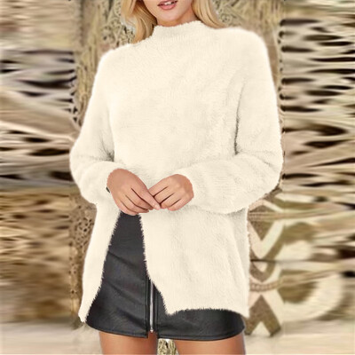 

Women Casual Split Sweater Fluffy Half High Collar Warm Long Sleeve Knitwear