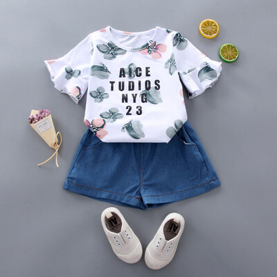 

Kozart Baby Girl Clothes Floral Letter Butterfly Short Sleeve Shorts Two-Piece Set Children Clothes