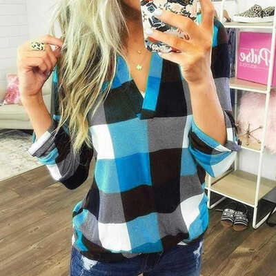 

Fashion Women Autumn Plaid Print Shirt V Neck Long Sleeve Loose Casual Plus Size T-Shirt Top
