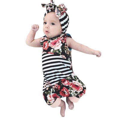 

Infant Baby Boys&Girls Sleeveless Striped Print Floral Romper JumpsuitHeadband