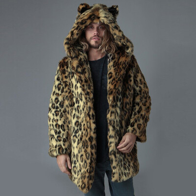 

Toponeto Fashion Mens Warm Leopard Thick Hooded Coat Jacket Faux Fur Outwear Overcoat