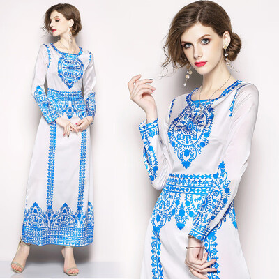 

DFYOP New European And American Trade Trends Womens Wear Color Printing Body Repair Split Sleeves Long Sleeves And Long Skir