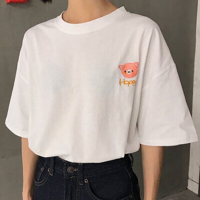 

Summer Cute Animal Happy Embroidered Simple Solid Color Short Sleeve Female T-shirts Tee Bomg