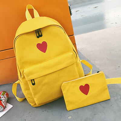 

Fashion Canvas Printed Heart Yellow Backpack Korean Style Students Casual Travel Bag Girls School Bag Laptop Backpack
